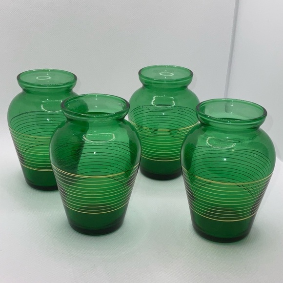4 Vintage Anchor Hocking Green Glass Bud Vases. Mid Century Modern Gold Stripes - Picture 5 of 6